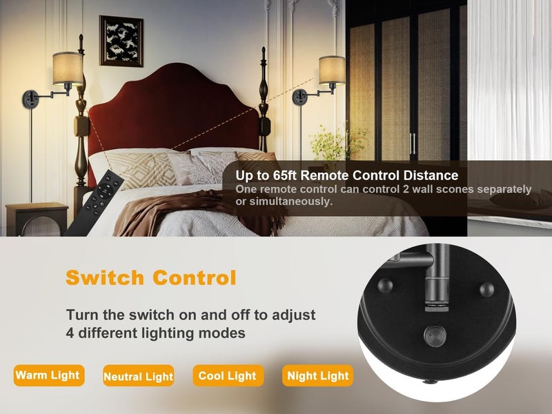 GOODATE Plug in Wall Sconces with Remote Control, Dimming 10%-100% & Adjustable Colors 2700K-6500K, Hardwire or Plug-in, Swing Arm Wall Lamp with Gray Fabric Shade, Wall Sconces Set of Two, Black Finish - Image 3